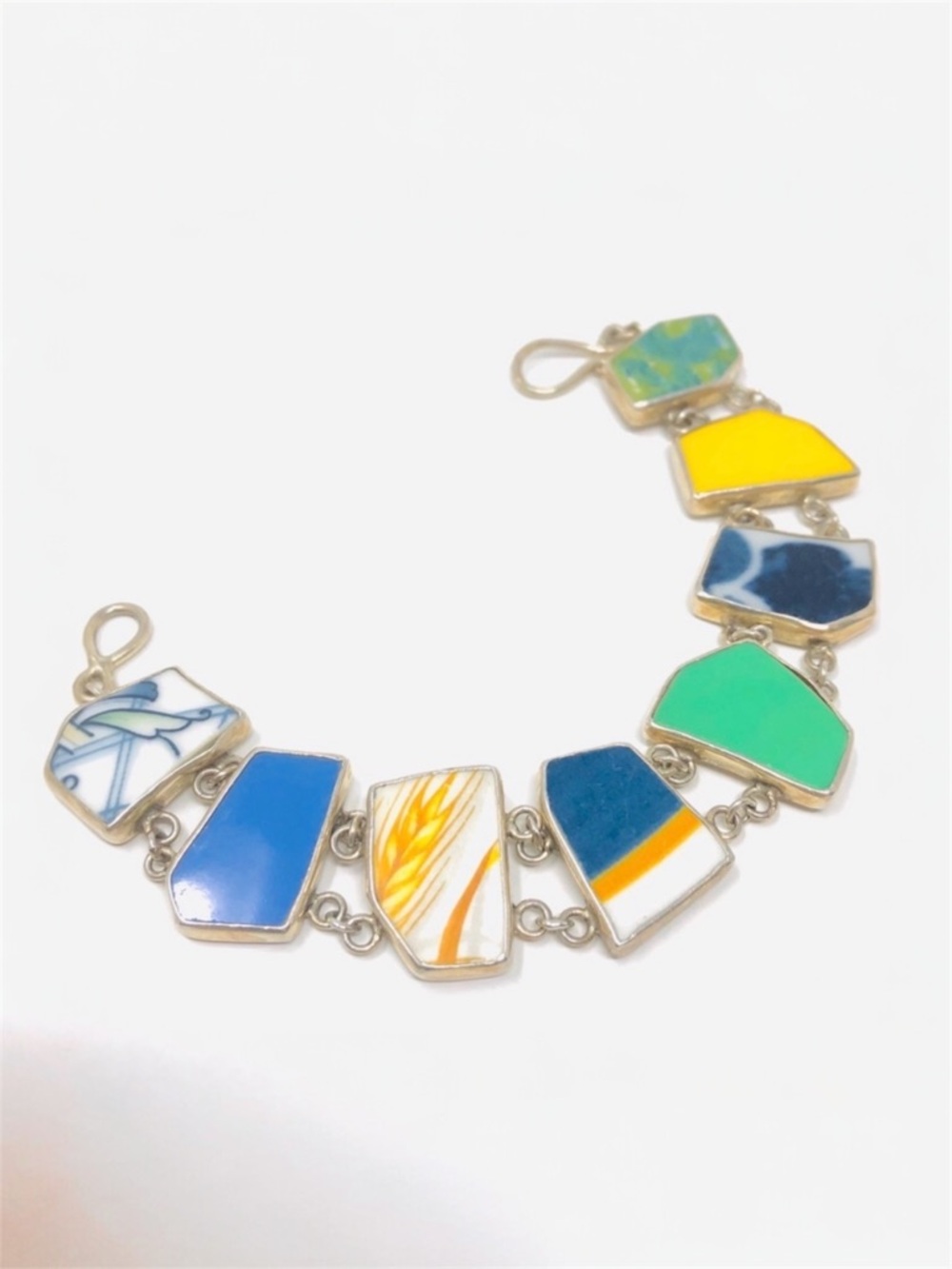 Sterling silver, multi geometric shaped inlaid porcelain, vintage
